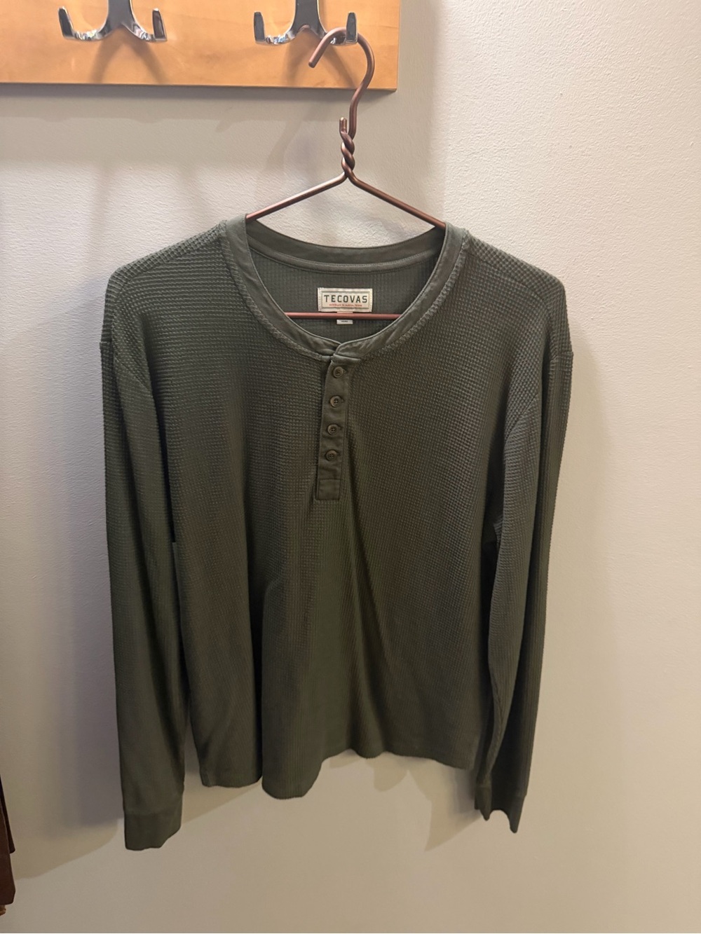 Tecovas Olive Green Waffle Knit Henley Crewneck